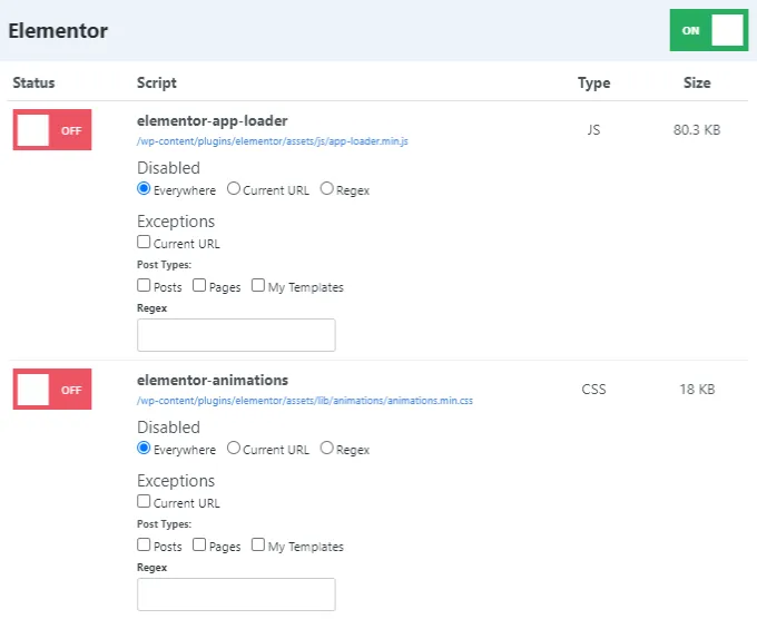 Disable Elementor Script