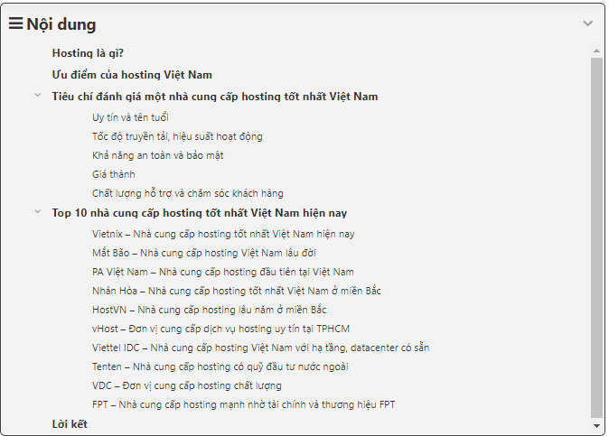 Mục lục trong bài viết WordPress