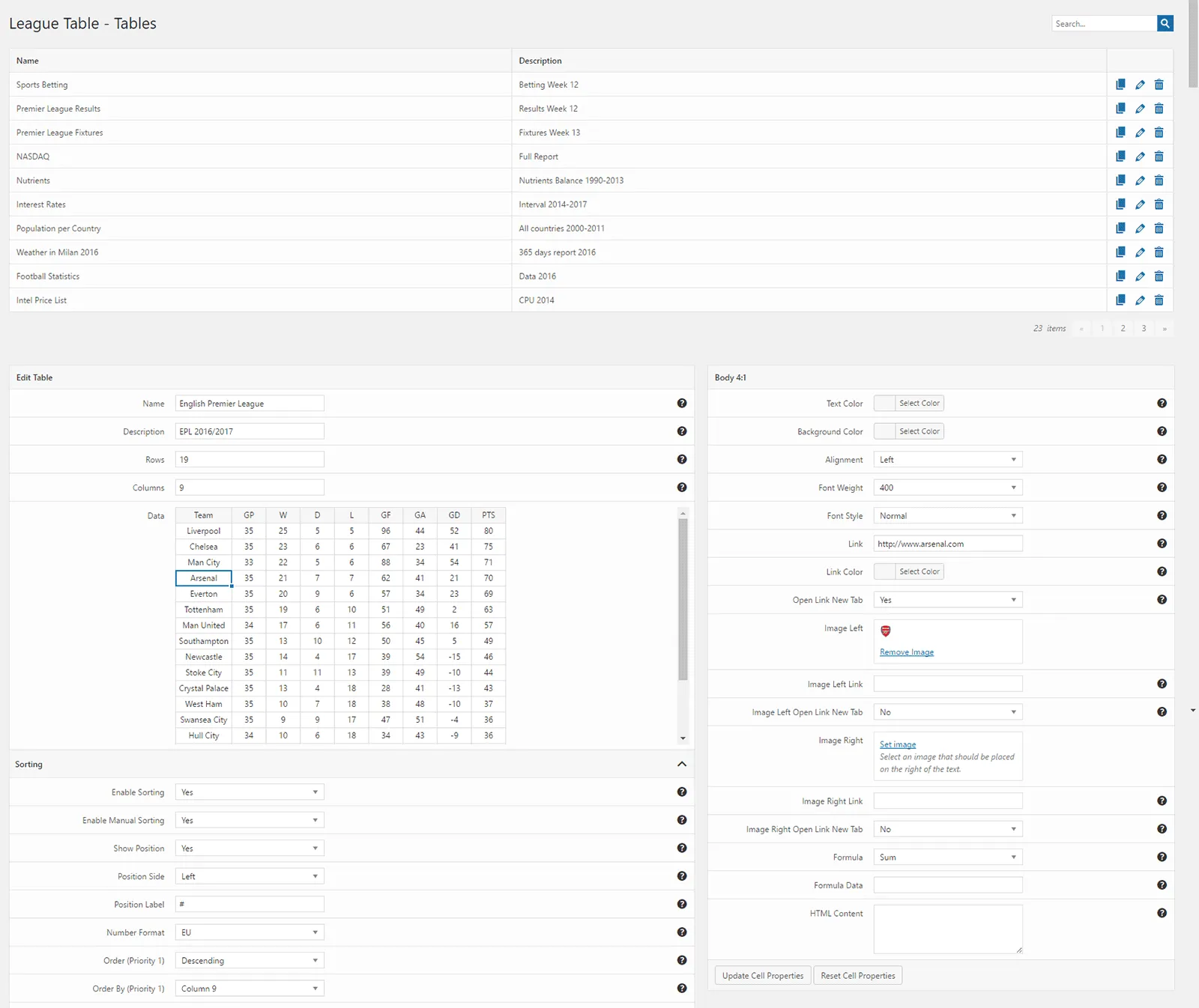 Plugin table WordPress League Table