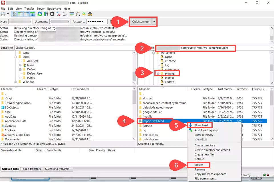 Sử dụng Filezilla để xóa plugin vĩnh viễn