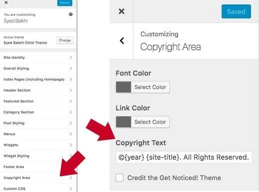 Sử dụng tùy chọn Copyright Area để chỉnh sửa footer trong WordPress
