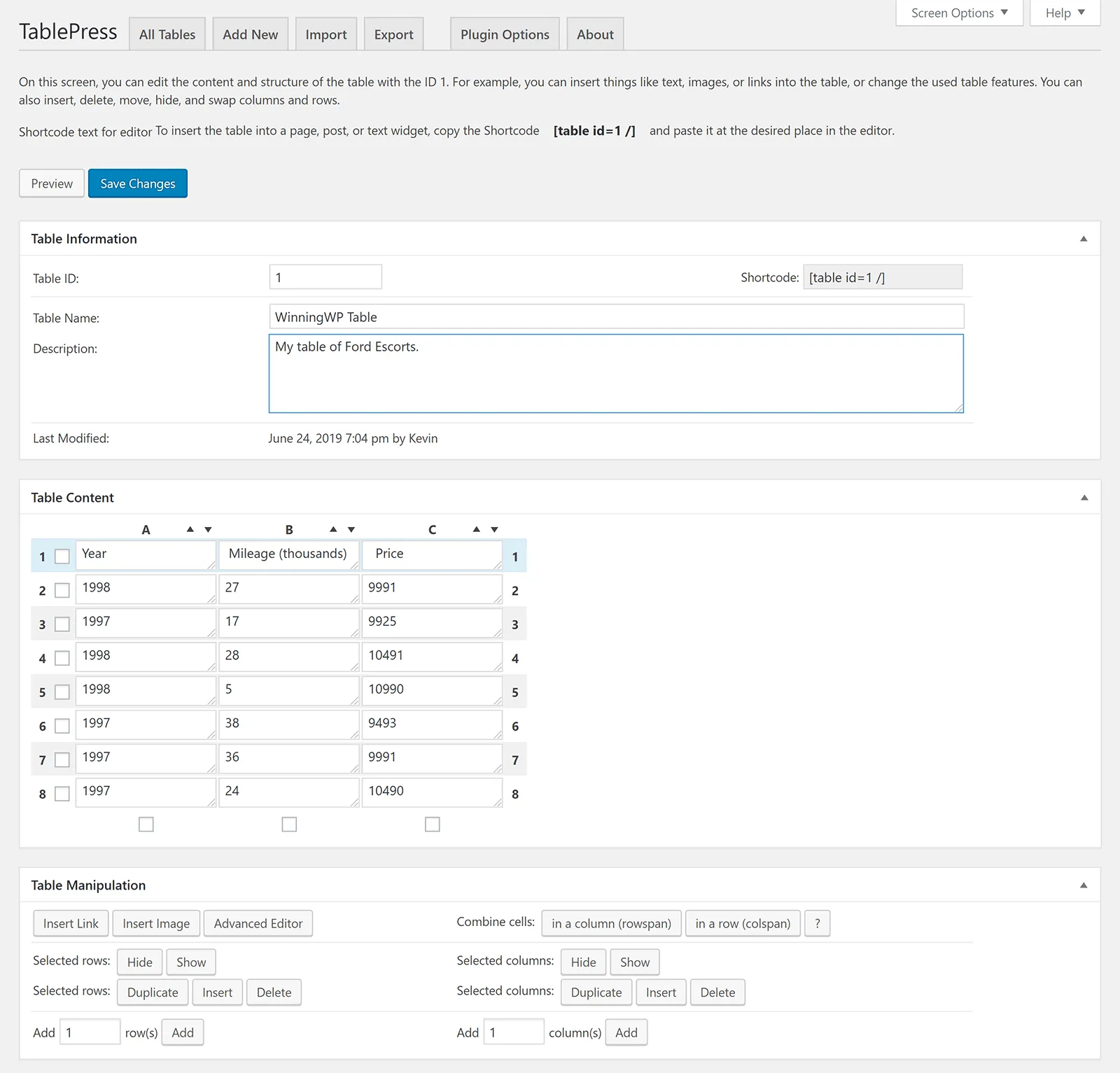 TablePress Plugin tạo bảng trong WordPress