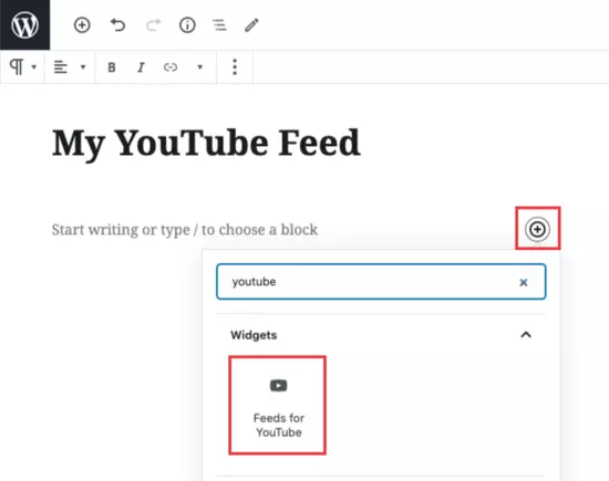 Thêm một block Feeds for Youtube để nhúng video vào trong bài viết