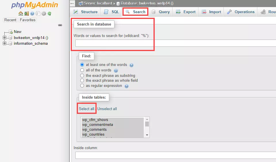 tìm và chọn database để loại bỏ Shortcode