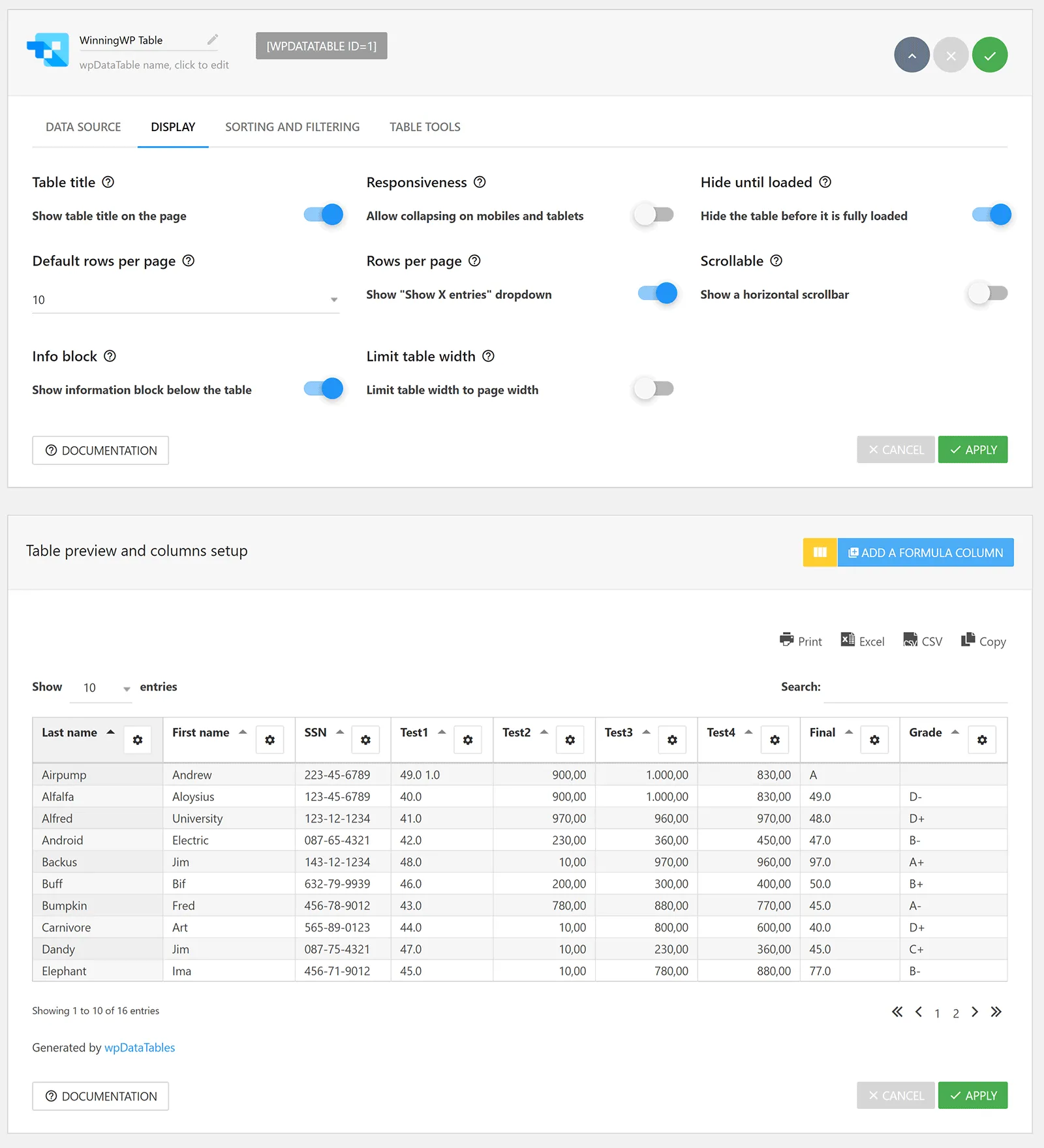 Cấu hình wpData Table plugin tạo bảng trong WordPress