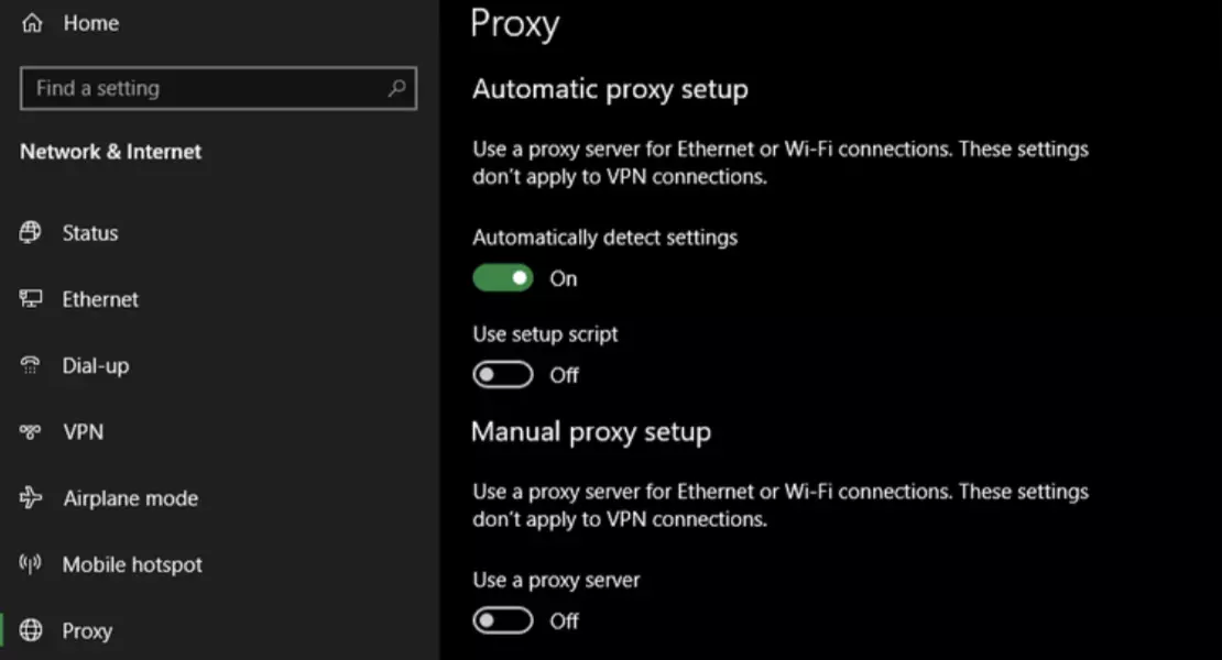 Windows could not automatically detect this network's proxy settings