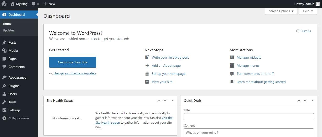 Giao diện WordPress Dashboard mặc định