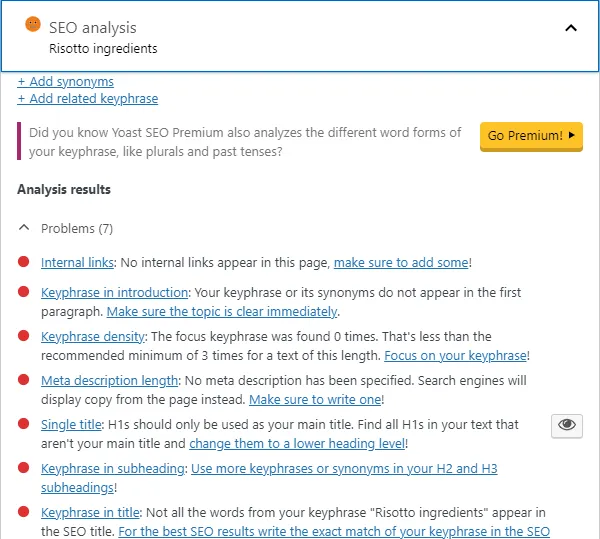 Yoast SEO analysis