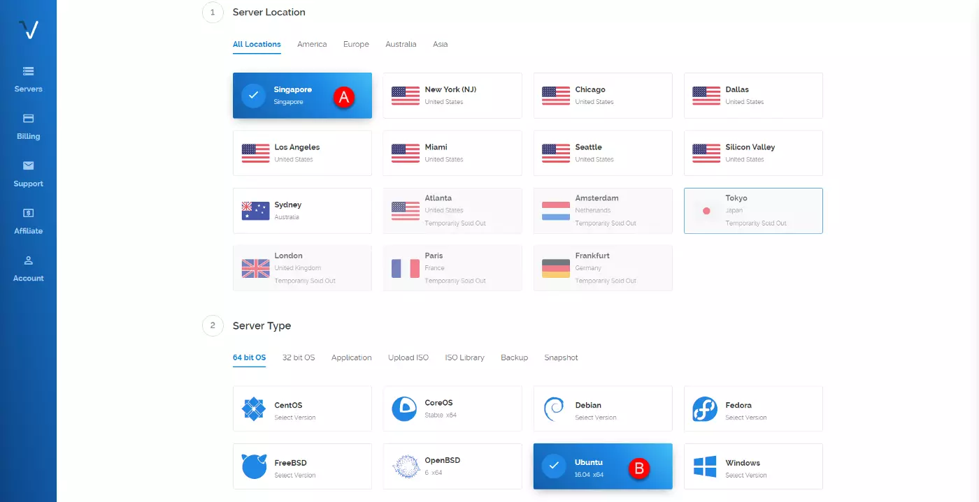 Chọn vị trí đặt VPS Server, thông thường bạn nên chọn vị trí ở gần bạn
Chọn loại máy chủ, ở đây Vietnix sẽ chọn Ubuntu 16.04 x64.