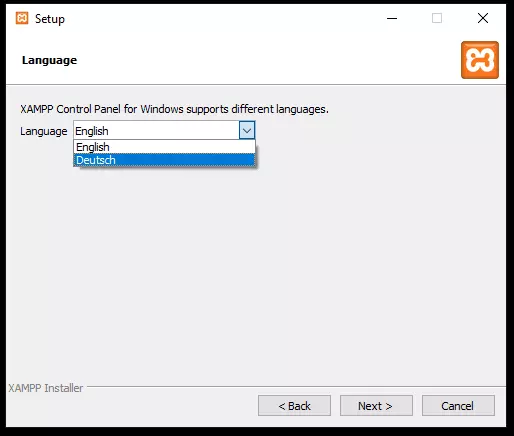 chọn ngôn ngữ ENGLISH để sử dụng XAMPP