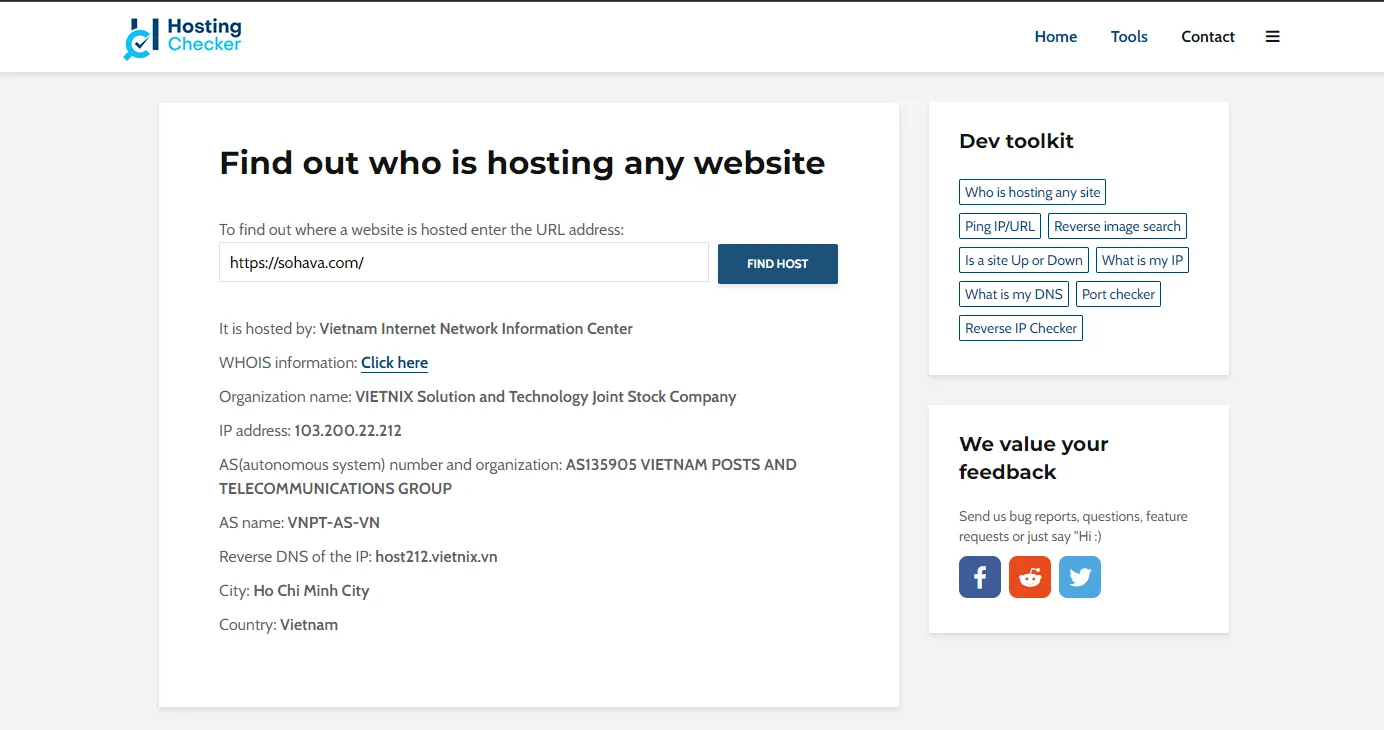 Check hosting website bằng HostingChecker