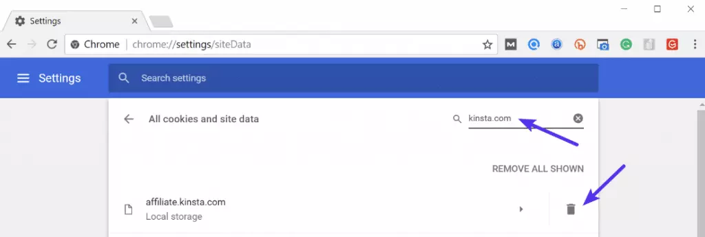 Bước 6: Tìm kiếm trang web đang gặp lỗi ERR_TOO_MANY_REDIRECTS. Sau đó, bạn có thể xóa các cookie hiện được lưu trữ trên máy tính của mình cho tên miền đó. Sau đó, hãy thử truy cập lại trang web.