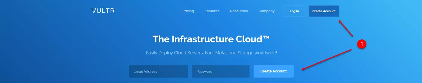 Bước 1: Nhấn vào https://www.vultr.com/ và chọn Create Account