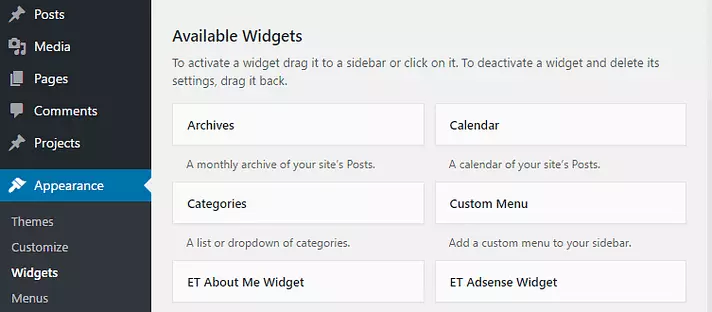 sử dụng Available Widgets để tạo Sidebar