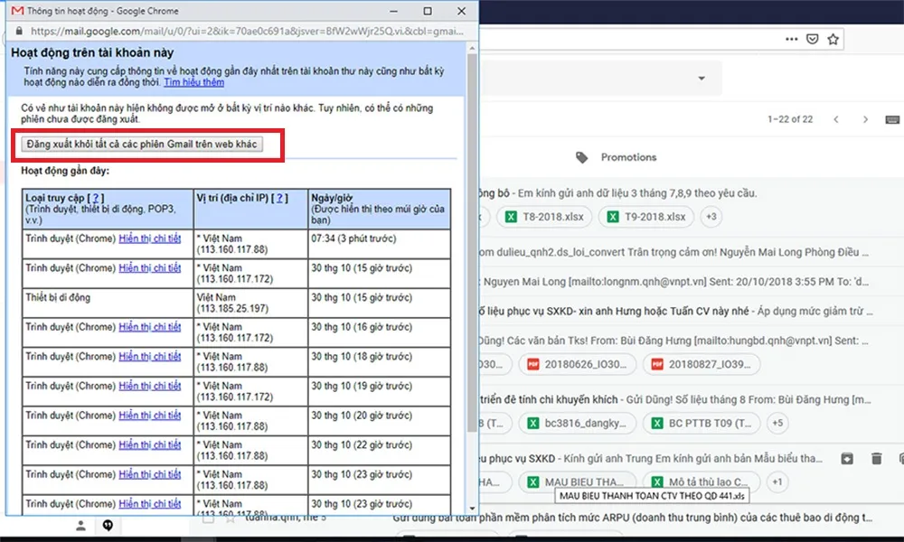 Đăng xuất khỏi tất cả các phiên Gmail trên web khác