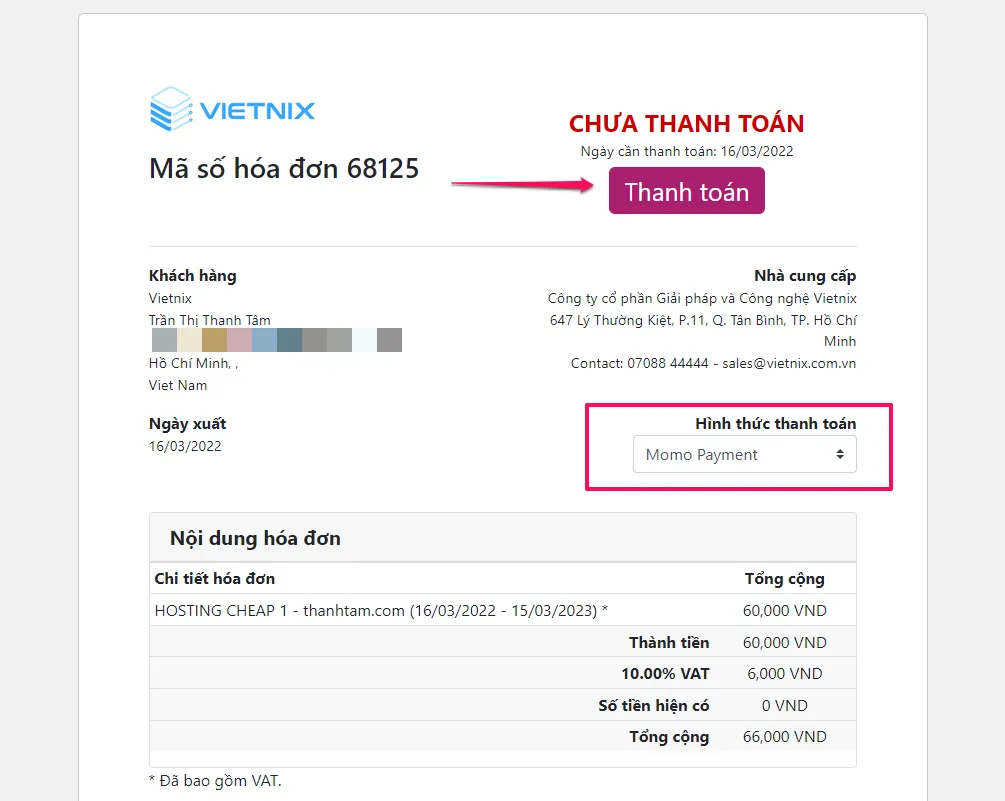 Hướng dẫn thanh toán dịch vụ tại Vietnix bằng QR code Momo