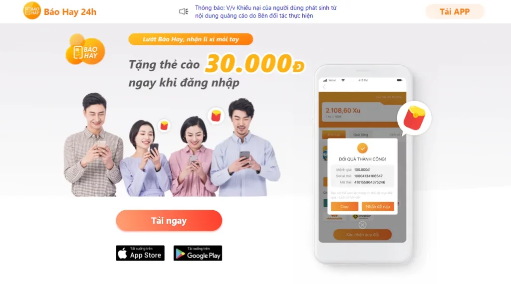 Ứng dụng đọc báo kiếm thẻ cào - Báo hay 24h
