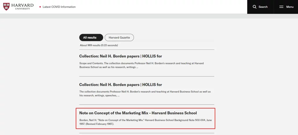 Tài liệu Marketing Mix của Neil Borden trên website của Harvard