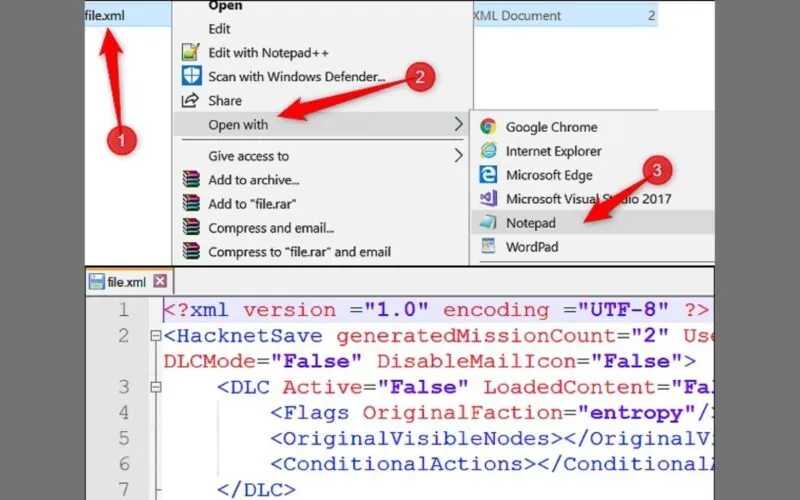 Mở file XML bằng Notepad