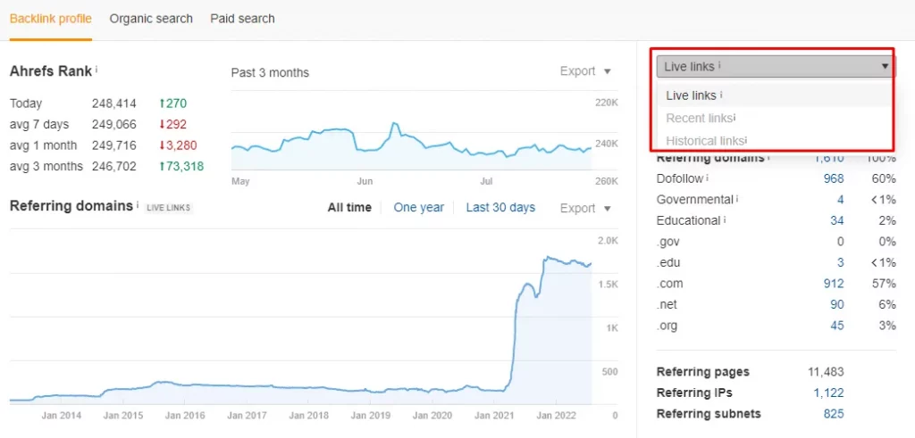 Live - Recent - Historical Links trên Ahrefs