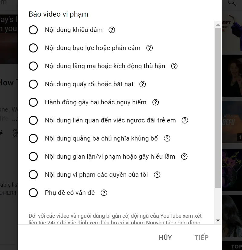 Báo cáo Video vi phạm trên Youtube