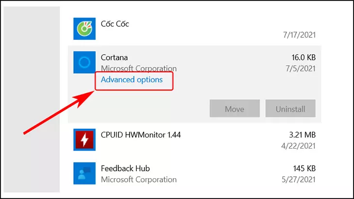 Chọn Advanced Options đối với ứng dụng Cortana