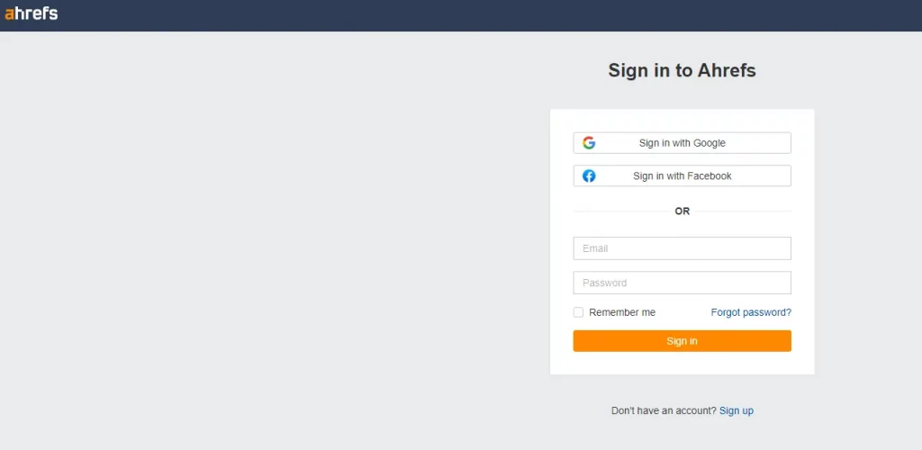 Giao diện đăng nhập Ahrefs