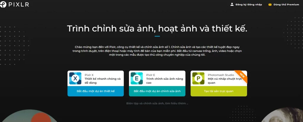 Giao diện chỉnh sửa ảnh của phần mềm Pixlr 
