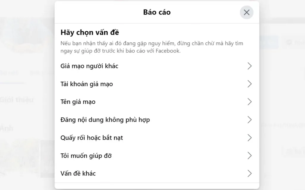 Report tài khoản vi phạm trên Facebook