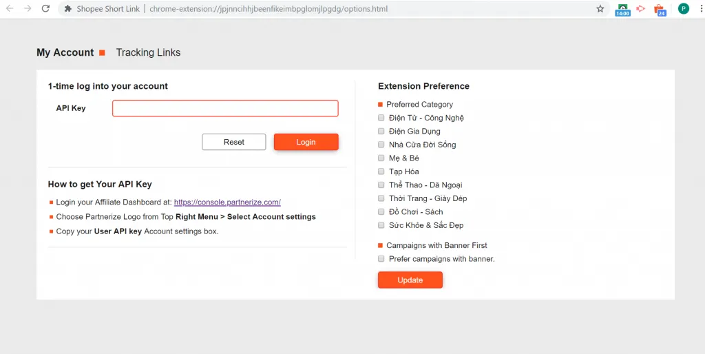 Lấy API và dán mã vào ô API Key để liên kết tài khoản với Extension