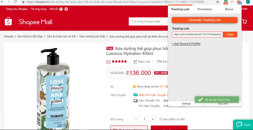 Vào giao diện Extension và chọn “Generate Tracking Link” để tạo link affiliate