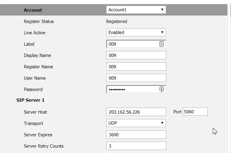 Thông số cơ bản của SIP Account