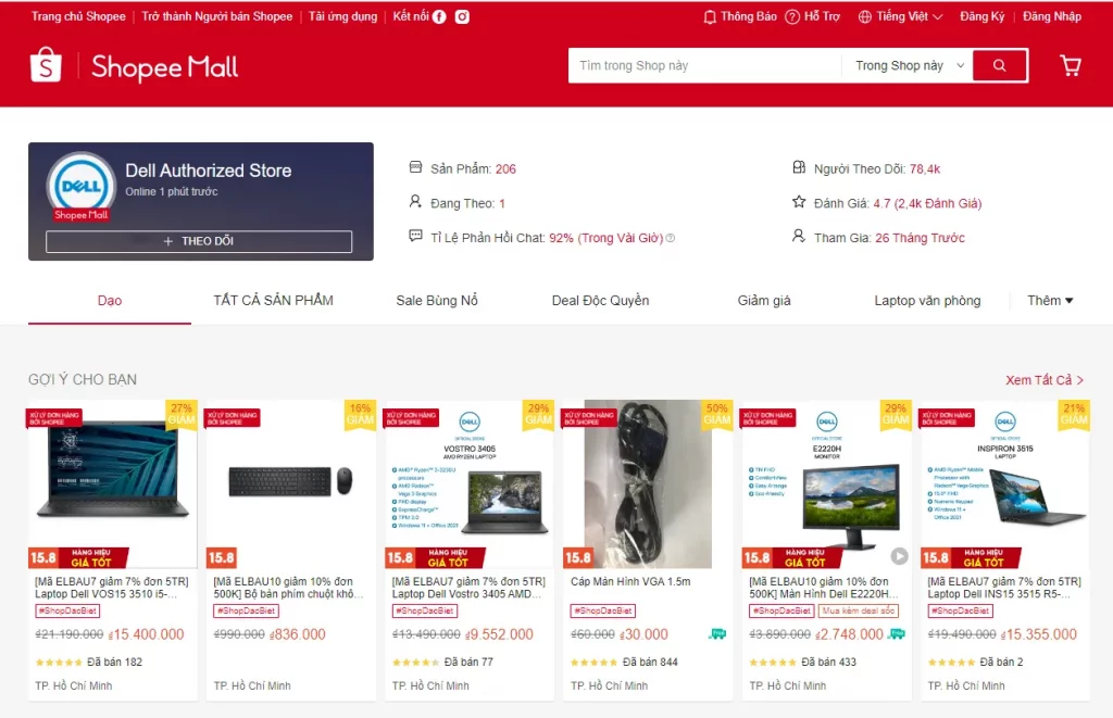 Shop bán hàng của một doanh nghiệp trên Shopee