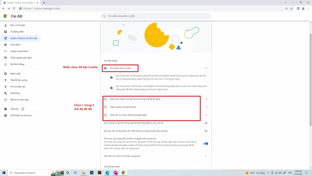 Cách bật/ tắt cookie trên Chrome