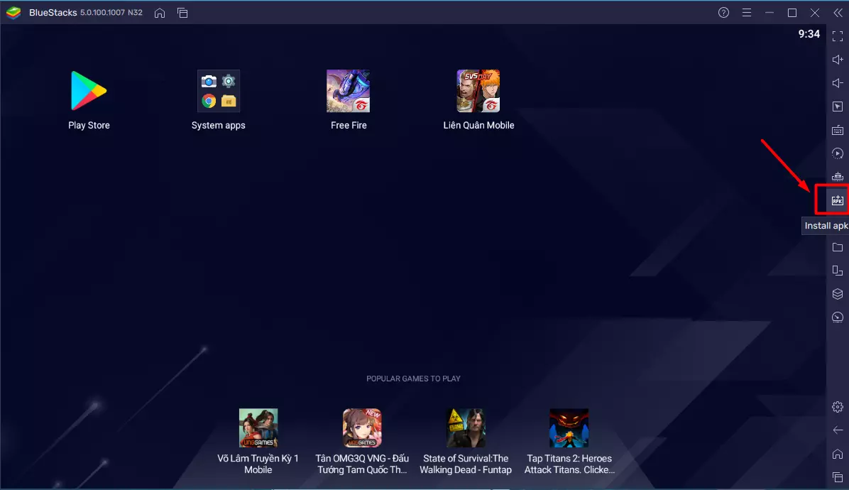 Click vào biểu tượng Install APK ngay trên màn hình