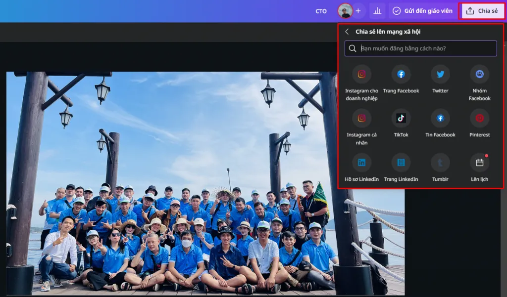 Canva cho phép người dùng chia sẻ thiết kế của mình lên các trang mạng xã hội