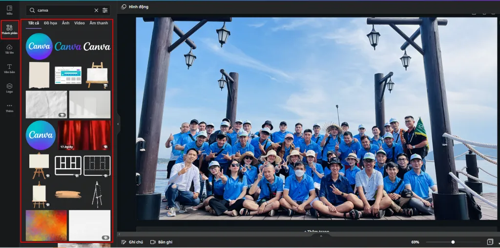 Kho thư viện của Canva rất đa dạng với nhiều hình ảnh, video, khung, đồ hoạ, nhãn dán, bảng,...