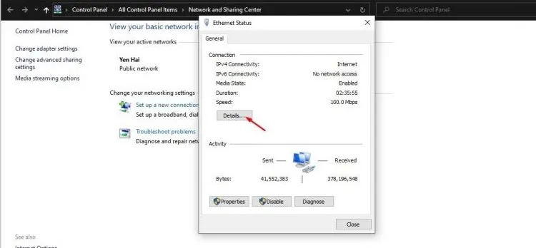Vào Details để xem Default Gateway là gì