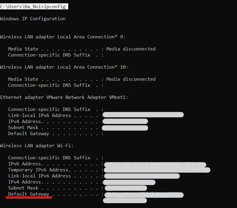 Kiểm tra Default Gateway là gì bằng lệnh IPconfig