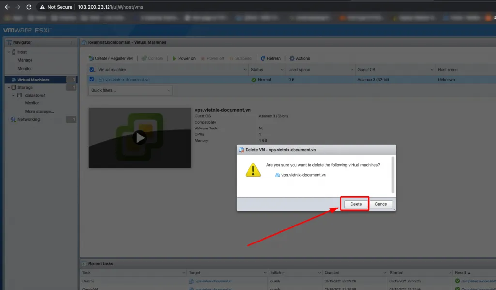 Xác nhận Delete một lần nữa để xóa máy ảo Vmware
