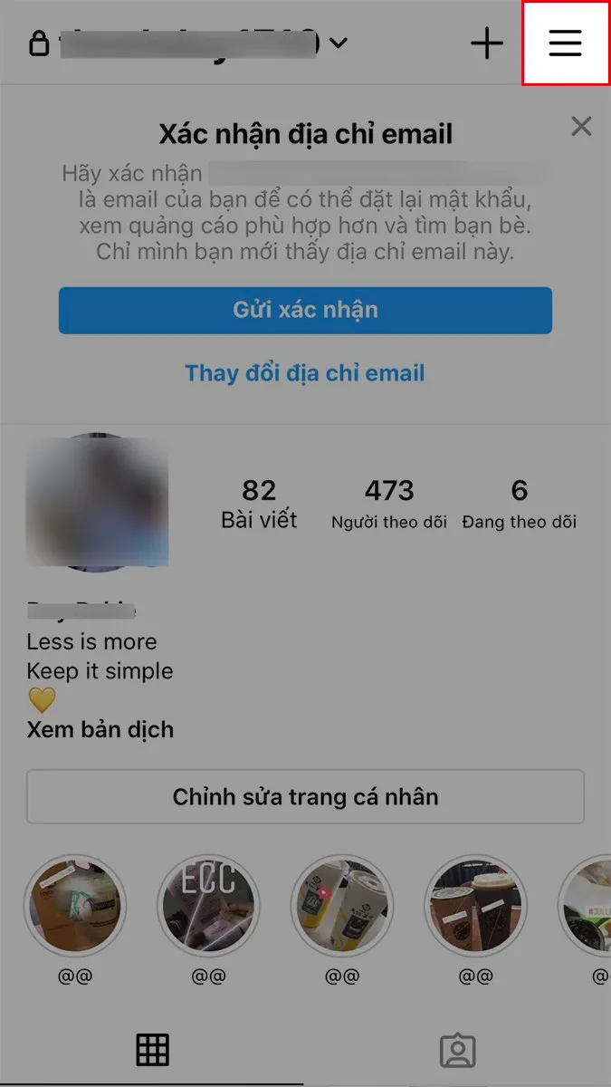 Nhấn vào biểu tượng 3 dấu gạch ở góc trên bên phải Cách hủy liên kết tài khoản Facebook với Instagram