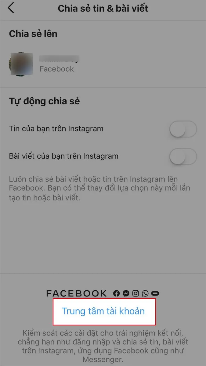 Chọn Trung tâm tài khoản Cách hủy liên kết tài khoản Facebook với Instagram
