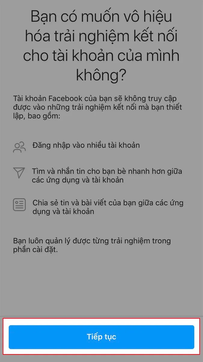 Chọn Tiếp tục Cách hủy liên kết tài khoản Facebook với Instagram