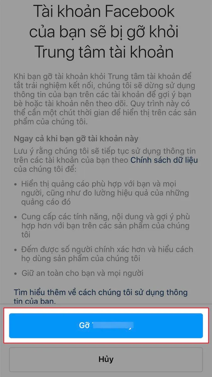 Chọn Gỡ để xác nhận hủy liên kết Cách hủy liên kết tài khoản Facebook với Instagram