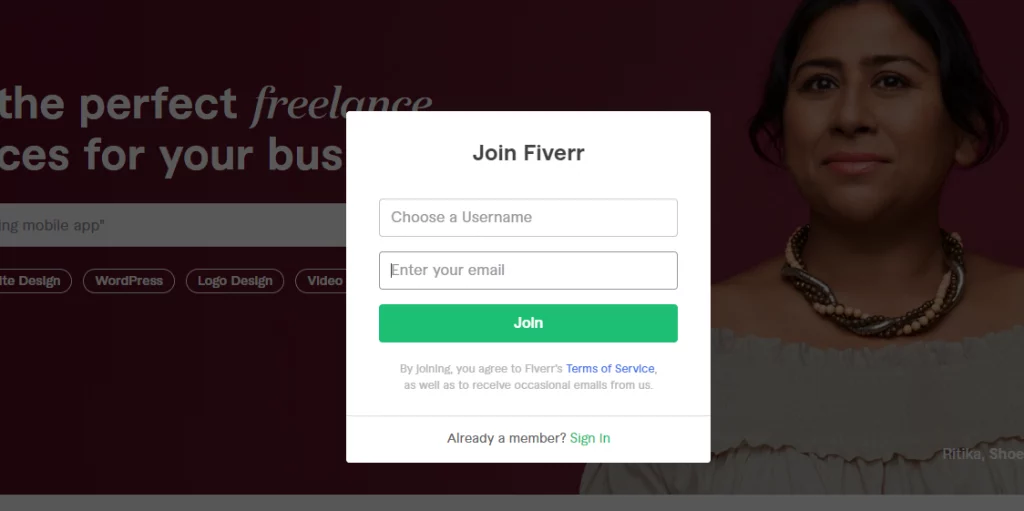 Điền email của bạn để đăng ký Fiverr