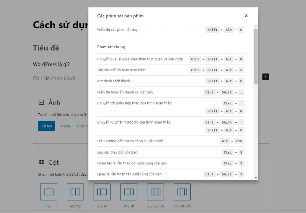 Sử dụng tổ hợp Shift + Alt + H để mở bảng phím tắt