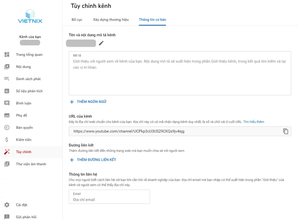 Thông tin cơ bản cho kênh youtube