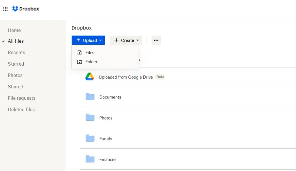 Thanh công cụ chính của Dropbox