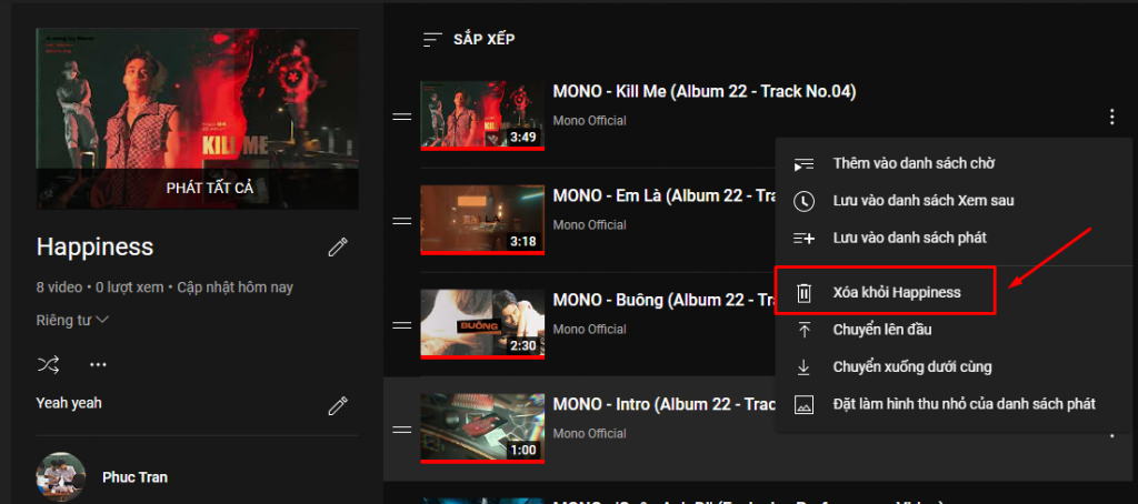 Xóa một video bất kỳ trong Playlist