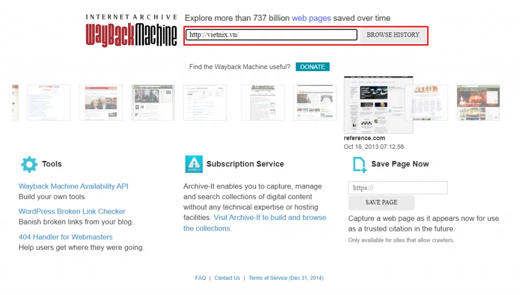 Tra cứu tên miền bằng trang web Waybackmachine
